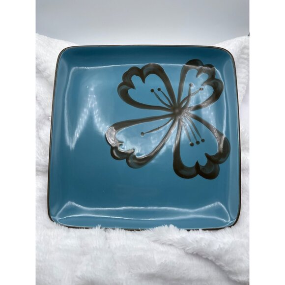 Pier 1 Hibiscus Square Plate Brown Turquois Dinner Discontinued Pattern Set of 4 - Picture 6 of 8